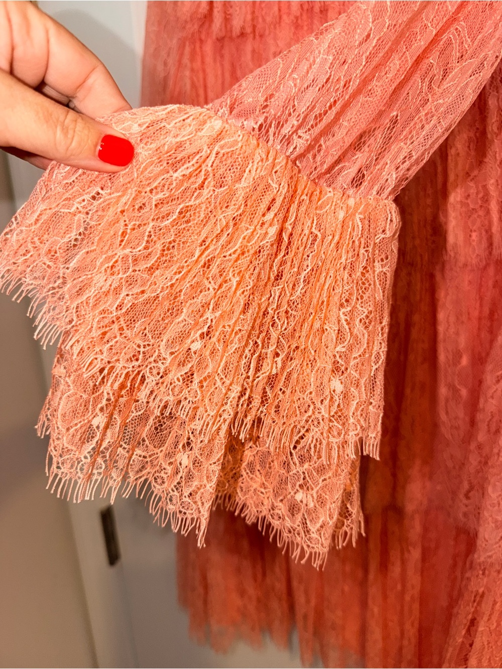 Alice + Olivia Sheer Tiered Lace Mini Dress in Blush Pink with Black Velvet Bow - Picture 10 of 13